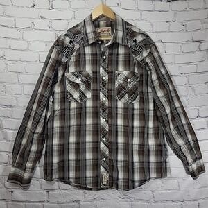 Rafter C Western Pearl Snap Shirt Men Sz XL Brown Plaid Embroidered Rodeo Cotton